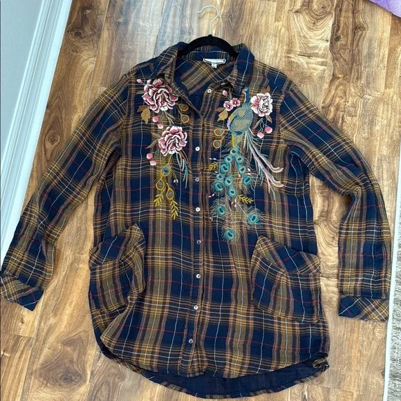 Johnny Was workshop Floral Embroidered Plaid Shirt - Picture 3 of 8